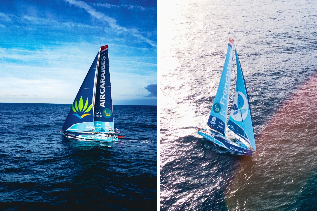 Mosaïque avec à droite, l'IMOCA côté French bee et à gauche, l'IMOCA côté Air Caraïbes
