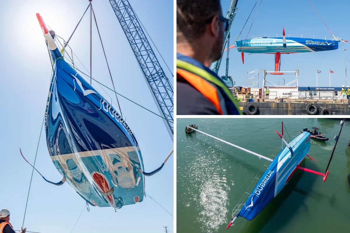 Mosaïques photos de la mise à l'eau de l'IMOCA où on le voit dans les airs, transportés jusqu'à l'eau, puis couché dans l'eau pour le test à 90°